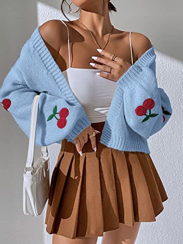 MakeMeChic Women's Y2K Lantern Sleeve Print Open Front Cropped Lightweight Cardigan Sweater3