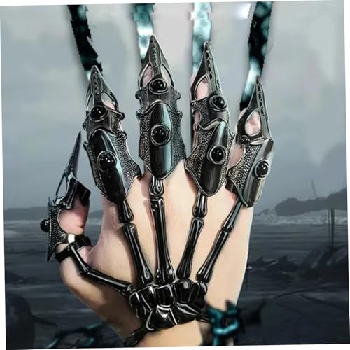 Skeleton Bracelet Skeleton Hand Bracelet with 5Pcs Full Finger Rings Punk Gothic Jewelry with Movable Joint Plated Alloy Halloween Jewelry for Cosplay, Party, Costume, Black4