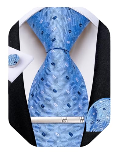 Image of DiBanGu Plaid Ties for Men Silk Checkered Necktie and Pocket Square Cufflinks Tie Clip Set with Gift Box for Wedding Business