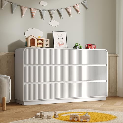 Image of BORNOON Dresser for Bedroom with 9 Drawers, Fluted Chest of Drawers with Round Curved Corner, Hidden Handles, Modern Wood Storage Organizer for Bedroom, Nursery, Living Room