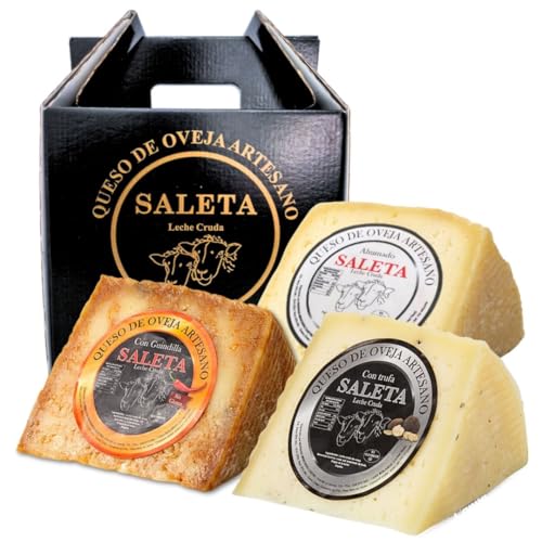 SALETA® Cesta Quesos Gourmet Regalo | Queso Oveja de La Mancha | 3 Cuñas Queso con Trufa, Guindilla y Ahumado | Surtido de quesos para regalar 'Pack Especialidades' 750gr