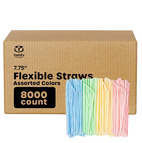 Comfy Package 8000 Flexible Striped Plastic Straws, 7.75 in