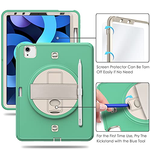 Casebot Case For Ipad Air 4Th Generation 10.9 Inch 2020 With Hand Shoulder Strap, [360° Rotating Kickstand] Full Body Rugged Shockproof Cover With Screen Protector, Pencil Holder (Light Green) #TOP6