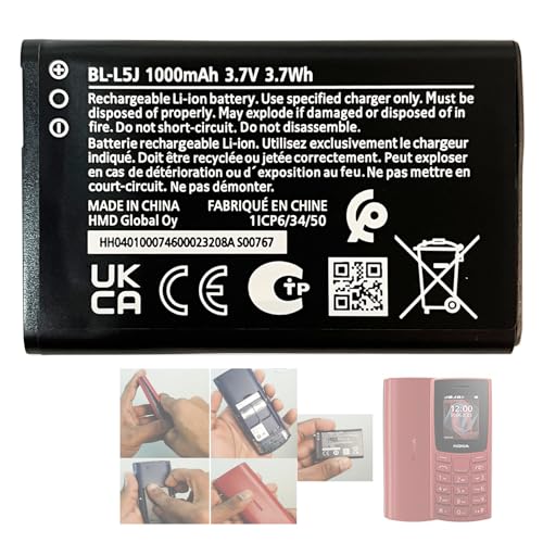 Aousavo BL-L5J Replacement Battery Compatible with Nokia 105 2G 2023 Phone (Not for 4G) PN: BL-L5J 1000mAh / 3.70Wh