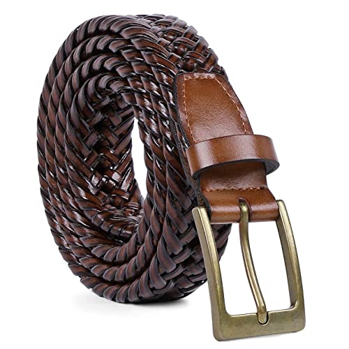 JASGOOD Braided Woven Belt for Men Casual Jeans with Solid Strap Single Prong Buckle Men Braided Leather Belt(Brown,Suit for Pant Size 32-37 inch)