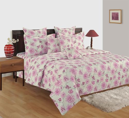 Image of Swayam Roto Cotton King Fitted Bedsheet with 2 Pillow Covers | Size 72 x 78 x 10 inch | 144 TC | Floral Design | Soft Breathable Bed Sheet | Comfortable & Durable for Bedroom - Beige & Purple