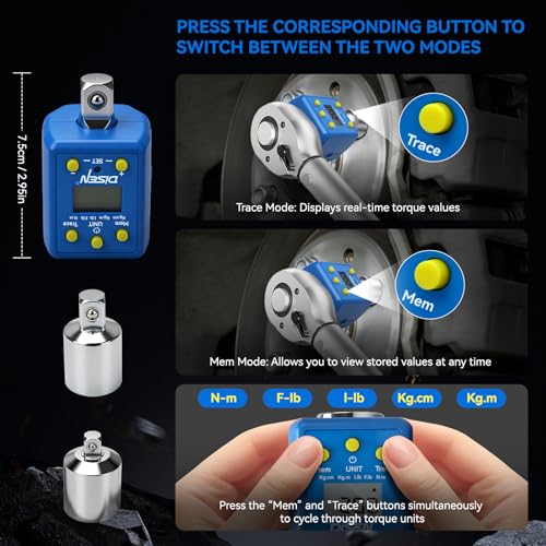 Image of DISEN 1 /2 inch Digital Torque Adapter Set (10-200 N.m / 7.4-147.5 ft-lb), ±2% Accuracy, Mem & Trace Modes, Buzzer & LED Alert,Works with Ratchet & Breaker Bar, for Automotive Motorcycle