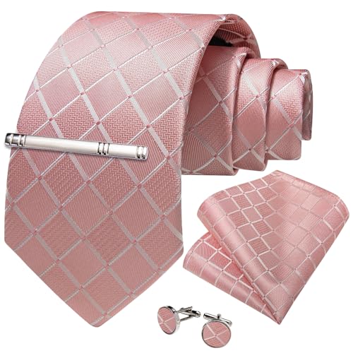 Image of DiBanGu Mens Silk Plaid Tie and Pocket Square Set | Elegant Silk Formal Tie Set, Woven Check Necktie and Cufflinks Tie Clip Set, Perfect for Wedding Party, Comes in Gift Box
