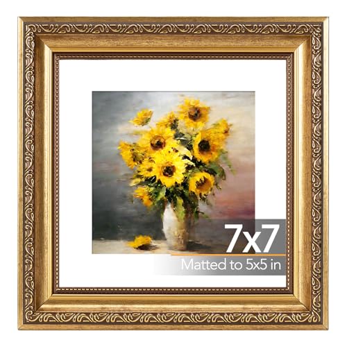JCJMY 7x7 Vintage Picture Frame with 5x5 Mat Elegant Retro 7 by 7 Photo Frame with Shatter-Resistant Plexiglass for Wall or Tabletop Display Gallery Decor & Gift Gold 1 Pack