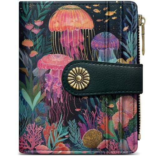 Image of Small Wallet for Women, RFID Blocking Bifold Card Holder Wallet with 10 Card Slots, Cash Compartment, Zipper Coin Pocket & ID Window, Cute Soft Vegan Leather Compact Wallet, Jellyfish