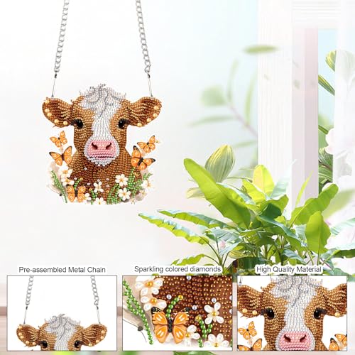 Image of AiYuanzsh Cow Diamond Art Kits for Adults Hanging Pendant, Animal Diamond Painting Hanging Sign, DIY Special Shaped Crystal Diamond Art Ornament for Home Decor Gift