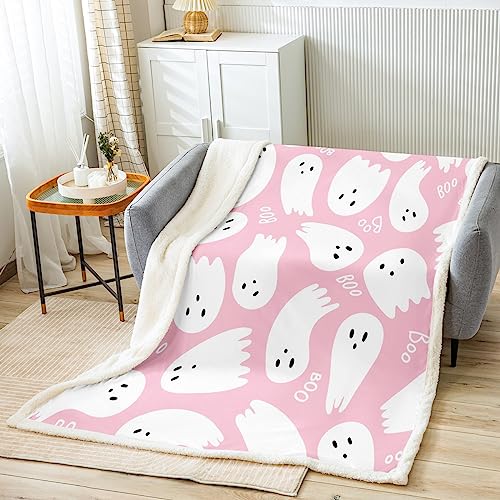 Halloween Throw Blanket Funny Ghost Print Blanket for Couch Sofa Girly Pink Halloween Theme Bed Blanket for Kids Girls Room Decor Soft and Breathable Fleece Blanket(50 x 60 Inches)