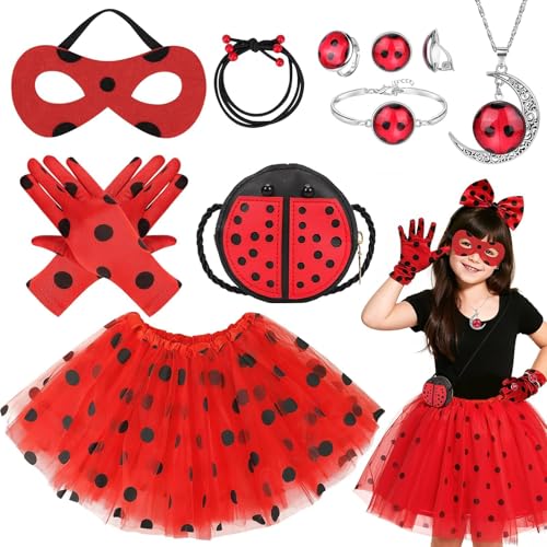Beamely Marienkäfer Kostüm Zubehör Set Rot und Schwarz mit Tutu Rock Maske Handschuhe Tasche Schmuck für Halloween Karneval Geburtstag