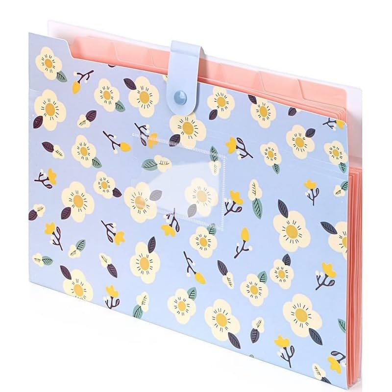 Cartella espandibile, Cartella Portadocumenti a Fisarmonica Floreale Blu, 8 Tasche, Formato A4, Portatile