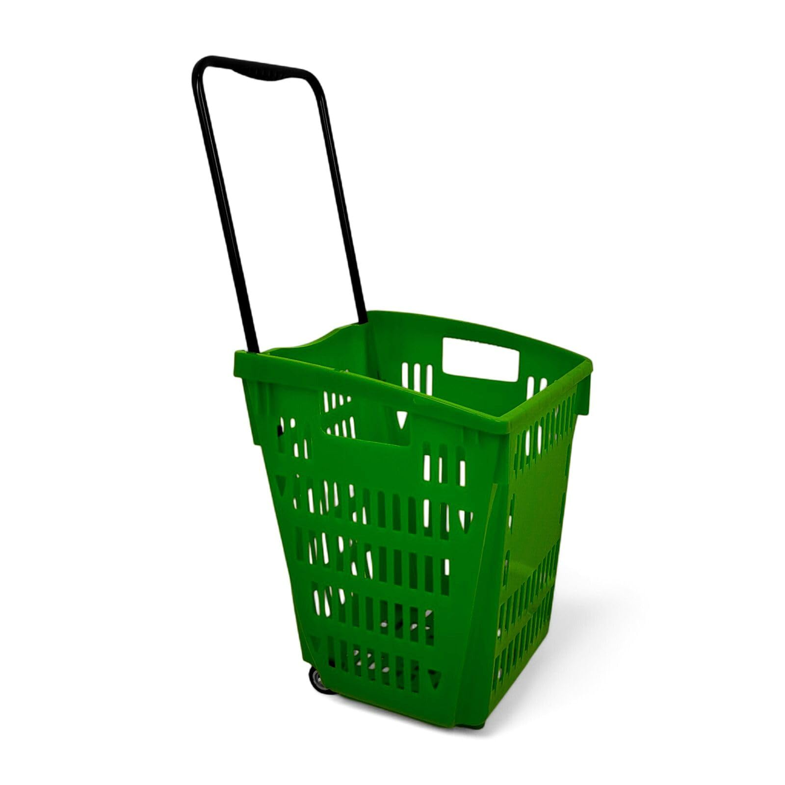 52 Litre Plastic Shopping Basket with Wheels & Telescopic Handle – Green Wheeled Trolley Basket for Supermarkets, Grocery & Retail Stores – Durable, Stackable Design