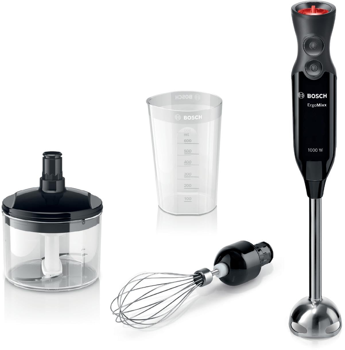 Bosch ErgoMixx – Batidora de mano 1000 W, 12+1 velocidades, Turbo, QuattroBlade, Picador y vaso, Negro antracita, MS61B6150