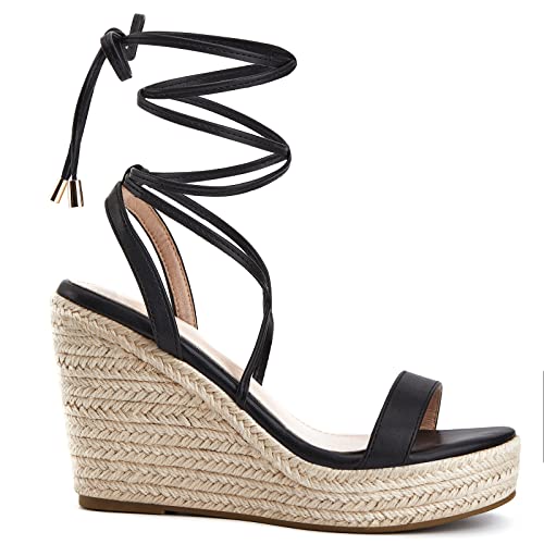 Image of Coutgo Women's Espadrille Wedges Lace Up Platform Ankle Cross Strap Slingback Summer Dress Sandals