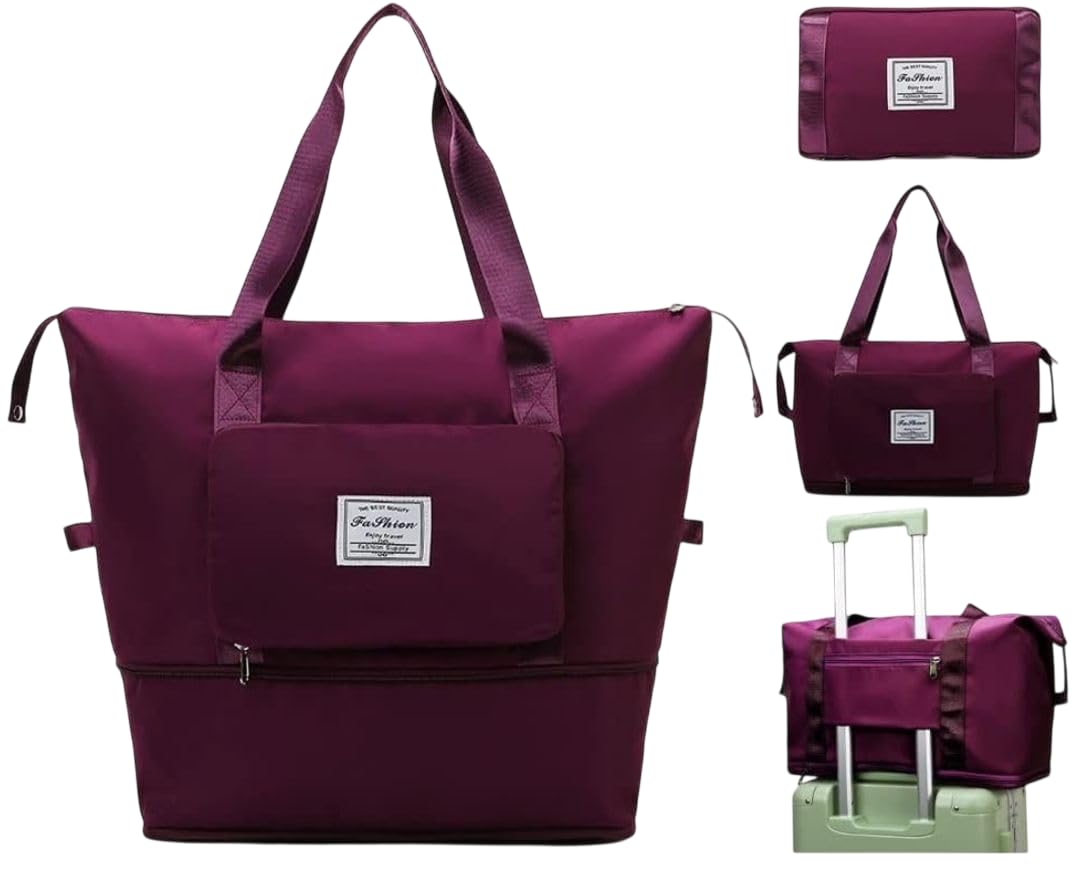 Expandable Foldable Travel Duffle Bag Large Capacity Waterproof Oxford Fabric Carry On Overnight Bag Purple Free Size-image-17