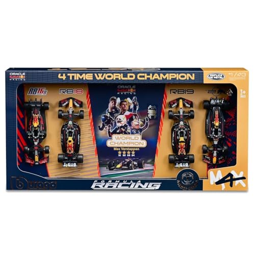 Bburago 1:43 Race Formula Oracle Red Bull 4-Time World Champion, Verstappen, 4-teiliges Set von Bburago
