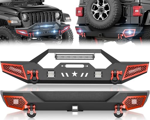Image of for Wrangler JL JLU Front and Rear Bumpers Compatible with 2018-2026 Jeep Wrangler JL JLU Unlimited 2 /4 Doors with 7 x LED Lights, Winch Plate, 2 inch Hitch Receiver & D-rings, Paintable Armor