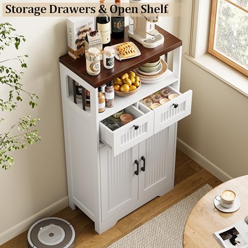 Image of Fluted Storage Cabinet with Doors, Kitchen Pantry Storage Cabinet with Adjustable Shelf, Freestanding Wood Cupboard for Living Room, Bathroom, Laundry Room, White