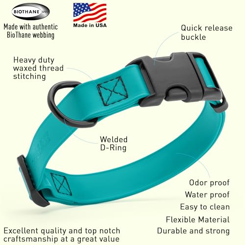 Image of Dogline Biothane Waterproof Dog Collar with Quick Release Buckle Strong Coated Nylon Webbing with Odor- Proof for Easy Care Easy to Clean Fits Small Medium Large Dogs, Teal 5 /8 inch W 9-14 inch L