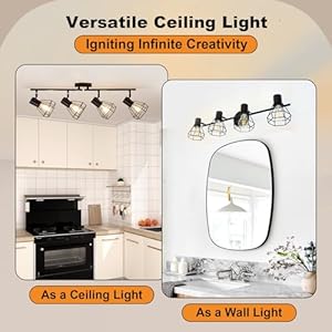 LED Track Lighting Kit 4 Light Adjustable Ceiling Light Fixtures Black Metal Wire Cage Farmhouse Lighting Fixtures for Kitchen Bedroom Hallway E26 Base Bulbs Not Included