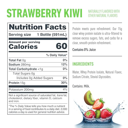Image of Isopure Clear Protein Water with Electrolytes, 15g Whey Protein Isolate, Zero Sugar, Strawberry Kiwi, 20 fl oz, 12-Pack