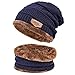Winter Beanie Hat Scarf Set,Fleece Lined Warm Knit Hat Neck Warmer,Thick Skull Cap Knit Beanie for Men Women(Navy)