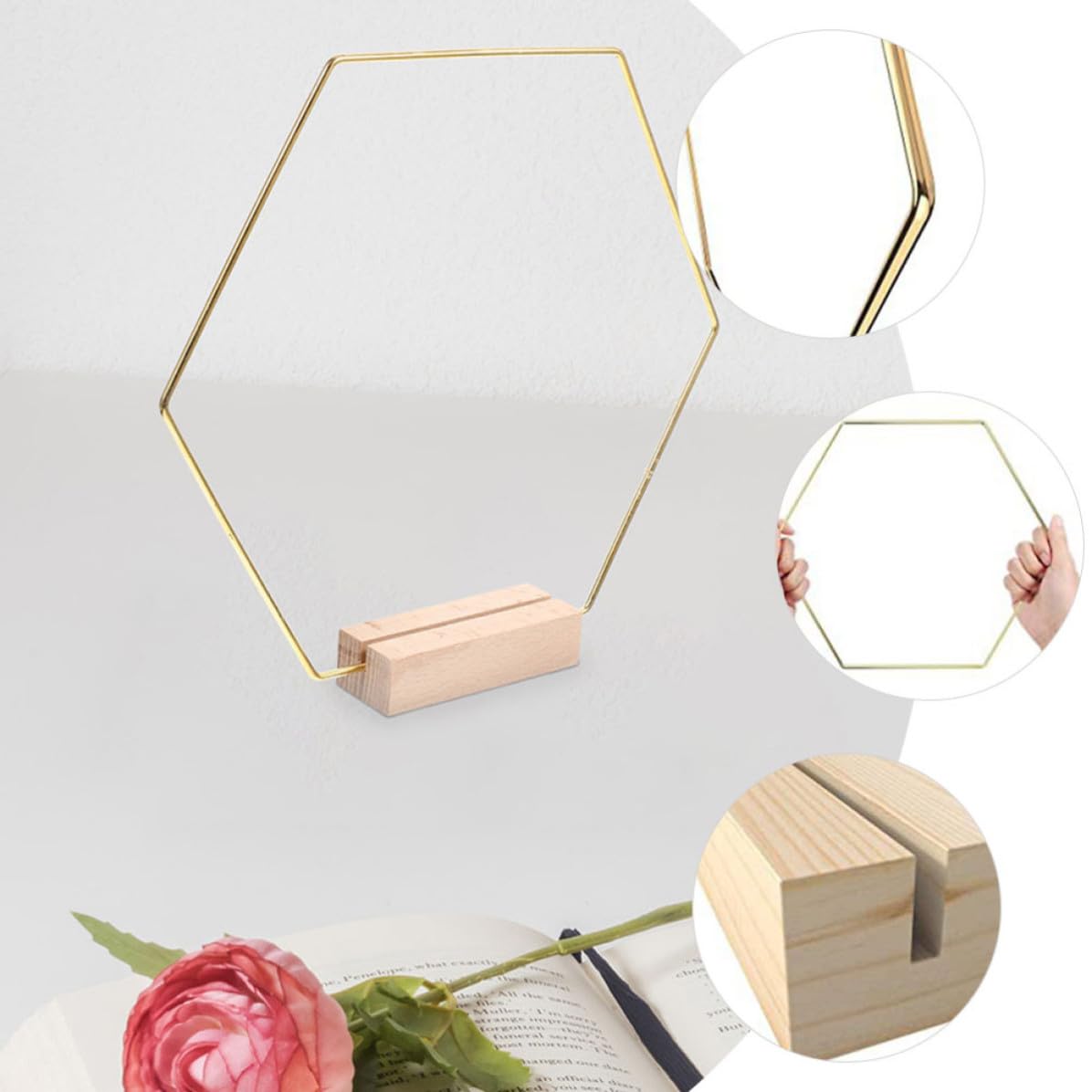 PLAFOPE 10 Piezas Aro de Metal Hexagonal con Base, Dorado, de Metal y Madera, Centro de Mesa para Boda y Manualidades DIY, para Decoración de Mesas