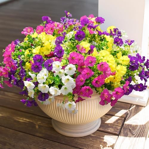 HyeFlora Artificial Flowers for Outdoors Fake Plants Outside Decoration, 12 Bundles Silk Colorful Morning Glory with Eucalypt