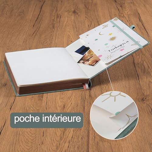 HwxBen Carnet de Notes A5 (14,5x21cm), 360 Pages, Papier 100g/m², Résistant à l’Encre, Ligné, Cuir PU, Soleil & Lune – Gris Premium, avec Stylo, Pochette, pour Journal, Bureau, École – vue 3