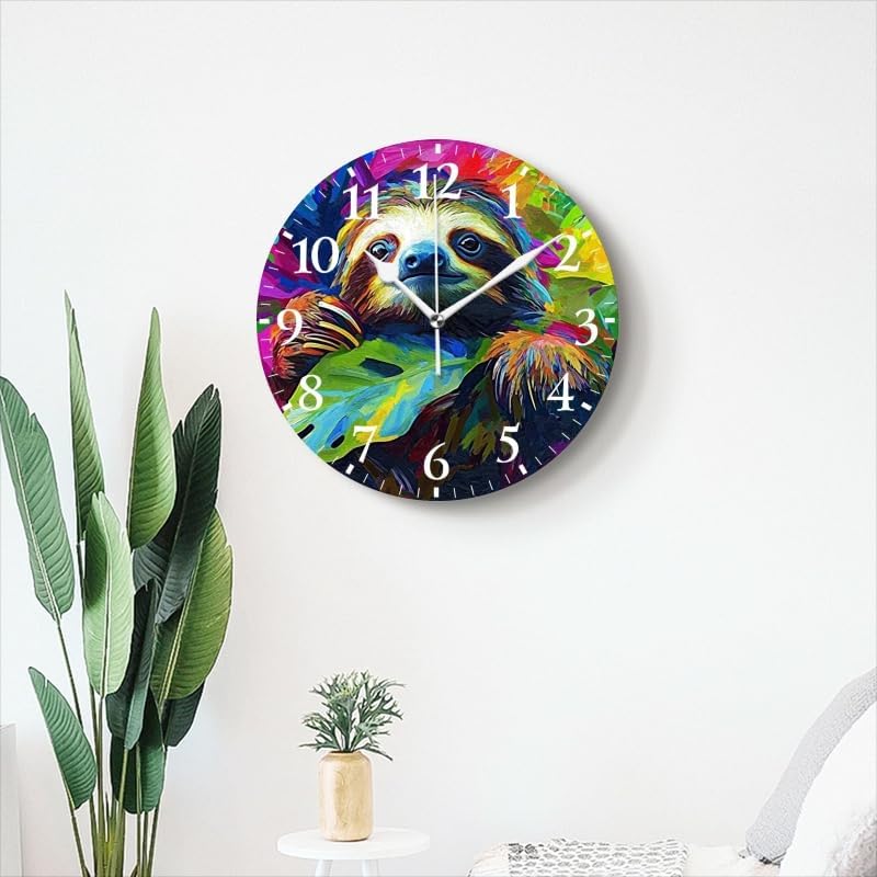 Battery Operated Round Wall Clock Non-Ticking Silent Analog Clcok Decorative for Living Room,Office,Kitchen-Sloth'S Charm in A Burst of Multicolored Foliage(16inch)