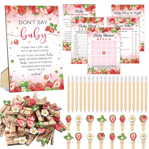 Image of Patelai 321 Pcs Strawberry Baby Shower Decorations, 5 Set Cards Pencils Clothespins