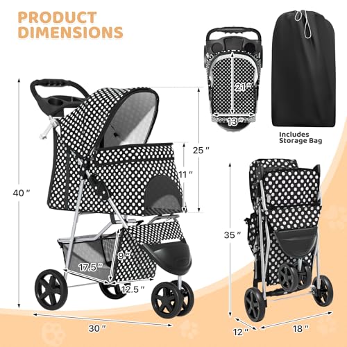 Image of Magshion 3-Wheel Pet Stroller, Foldable Travel Jogger for Small & Medium Dogs & Cats (Up to 33lbs), Lightweight Carrier with Breathable Mesh Cover, Cup Holder & Storage Basket, Black Polka Dots
