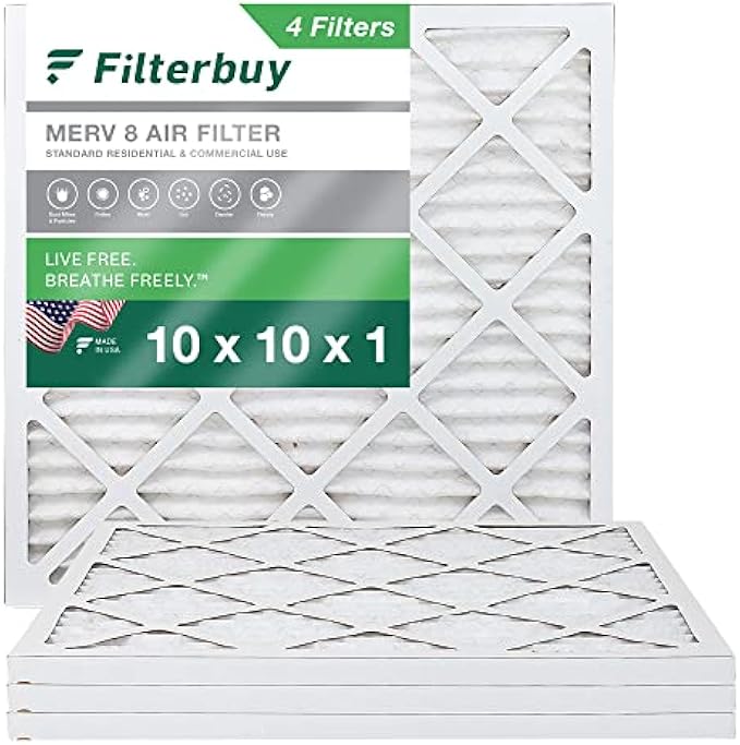 Filterbuy 10x10x1 Air Filter MERV 8 Dust Control (4-Pack), Pleated HVAC Furnace Air Filter Replacement (Actual Dimensions: 9.50 x 9.50 x 0.75 inches)