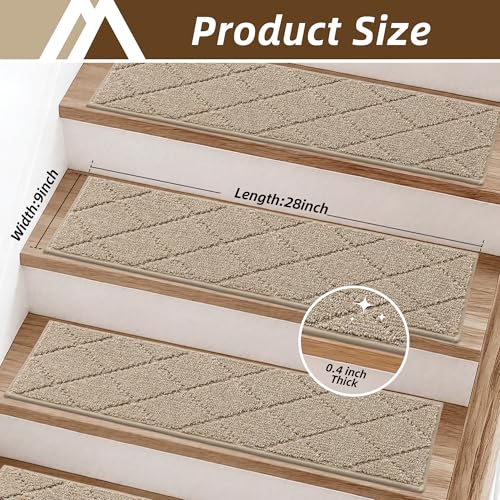 Image of COSY HOMEER Edging Stair Treads Non-Slip Carpet Mat 28inX9in Indoor Stair Runners for Wooden Steps, Edging Stair Rugs for Kids and Dogs, 100% Polyester TPE Backing(4pc, Beige)