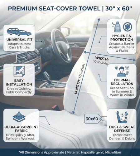 Image of Car Seat Towel Cover, Universal Size 76x152 cm, Soft and Comfortable Seat Protector for All Cars, Single Pack of 1 (1, White, 30x60inc.)