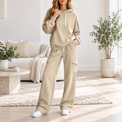 Rtdyvyuhb 2 Piece Sweatsuits For Women Hoodie Wide Leg Pants Sport Outfit Travel Airport Loungewear Elastic Waist Tracksuits Beige Small - image 3