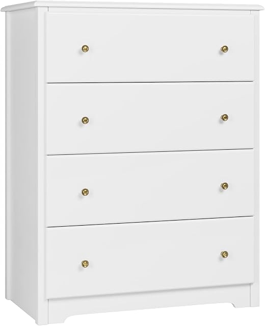 HOCSOK White Chest of Drawers, 4 Drawers Cabinet with Metal Handles and Runners, Wooden Storage Drawer Unit for Bedroom, 74x40x94cm
