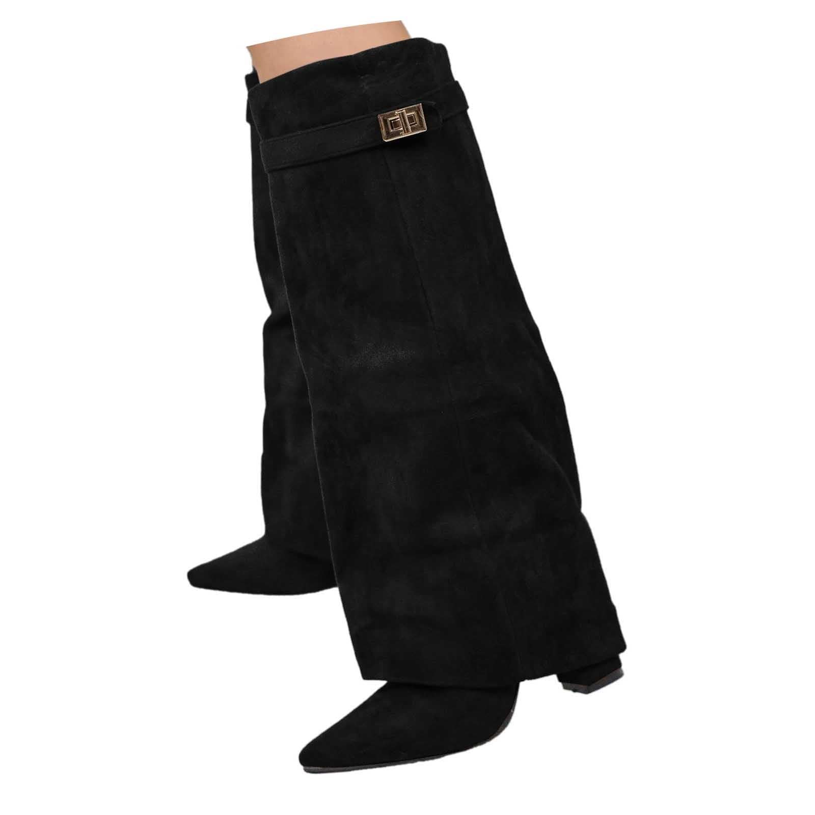 Generisch Stiefeletten Damen Fold Over Boots Weitschaftstiefel mit Absatz Winter Langschaft Stiefel