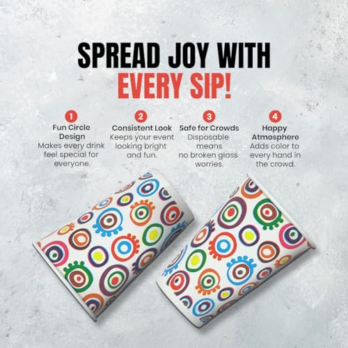 Image of PARICOTT 330ml, Pack of 50pcs Colourful Circle Printed Disposable Glass Drinking Cups for Cocktail Alcohol Wine Tea Coffee Cold Drink Juice Water Party Paper Cups Use and Throw Without Lid Paper Cup