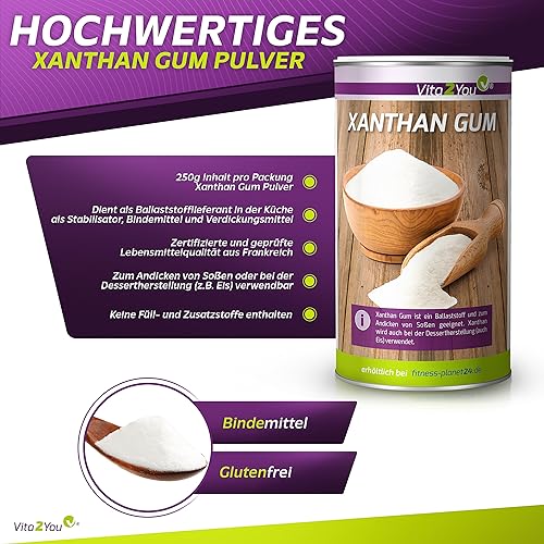 Vita2You Xanthan Gum 250g - Bindemittel - Glutenfrei - Xanthan Pulver in Lebensmittelqualität - Stabilisator - Vegan - Premium Qualität