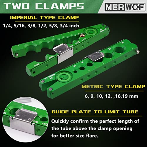 MERWOF HVAC Flaring Tool Kit for 1/4\'\' - 3/4\'\' and 6-19mm Single Flare, 45° Eccentric Type Manual Tubing Flaring Tool Kit with Clutch, Pipe Cutter, Deburring Tool for Copper Aluminum Pipe (5PCS Set)
