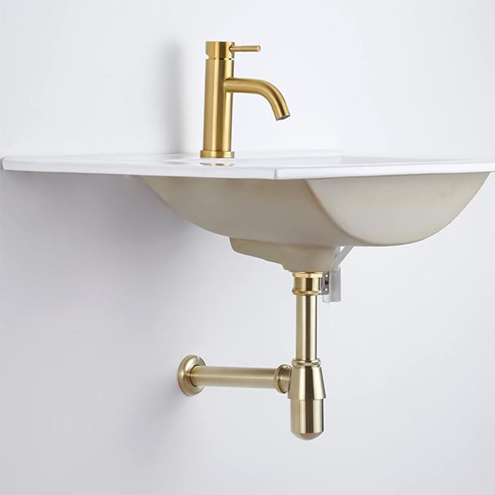 Siphon rond en forme de P, en acier inoxydable, pour lavabo de salle de bain, évier, bonde de vidange, kit de siphon P pour évier, or brossé