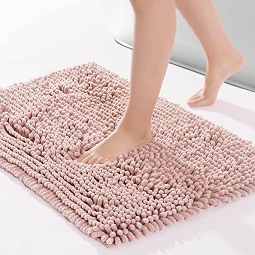 FRESHMINT Chenille Bath Rugs Extra Soft and Absorbent Microfiber Shag Rug, Non-Slip Runner Carpet for Tub Bathroom Shower Mat, Machine-Washable Durable Thick Area Rugs (24" x16.5", Pink)