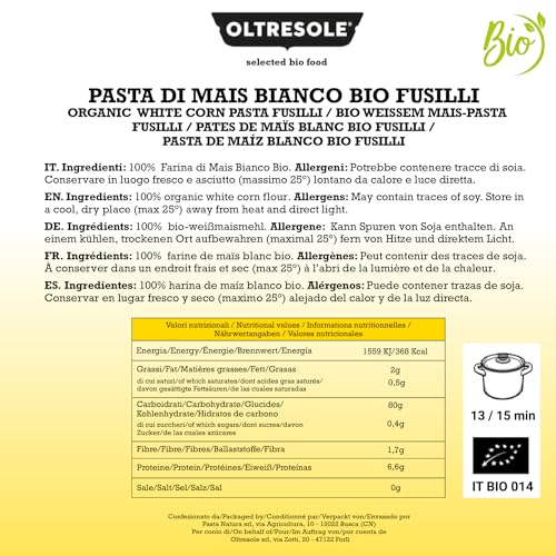 Oltresole, Pasta di Maisanco Biologica Italiana, Format Fusilli, Pâtes sans gluten 100% farine de maïs blanc biologique, Vegan, Sans Gluten, Pack de 3 x 350g – vue 2