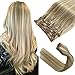 Labetti Clip in Hair Extensions with Blonde Highlights 7 Pieces 70g Per set Human Hair Silky Straight Weft Remy Hair (18 Inches, #18-613)