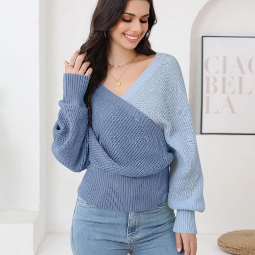 Image of Women's Wrap V Neck Knit Sweaters Batwing Long Sleeve Cross Front Drop Shoulder Fall Pullover Tops