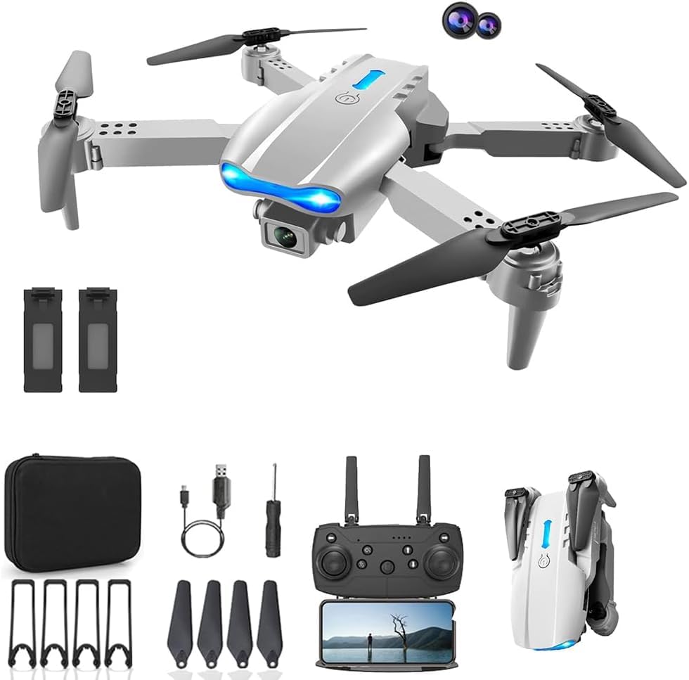 E99 Drone with Dual Camera Drone For Adult Folding Remote Control Aircraft With Wifi Fpv Live Video With Storage Bag App Control (white 2Camera &2 Batteries)
